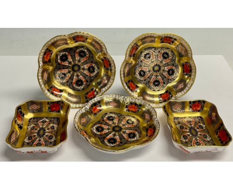 A pair of Royal Crown Derby Imari 1128 pattern rectangular trinket trays, solid gold band, printed mark first quality; three 