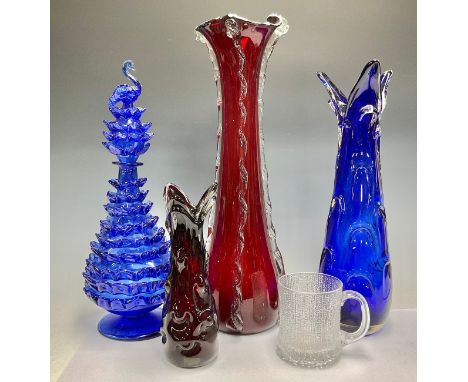 Art Glass - a large Murano type ruby glass vase, 52cm; a novelty cobalt blue vase with swan finial stopper; a large Murano ty
