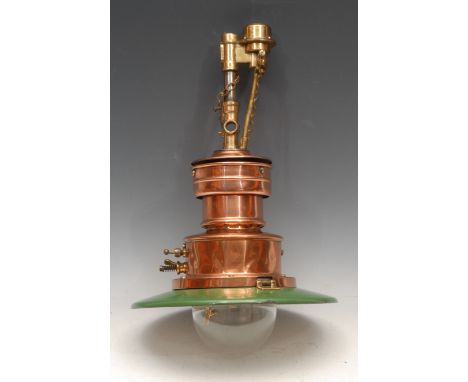 Railway Interest - an unusual copper, brass and green enamel pendant ceiling gas light fitting, by Williamm Sugg & Co Ltd, Lo
