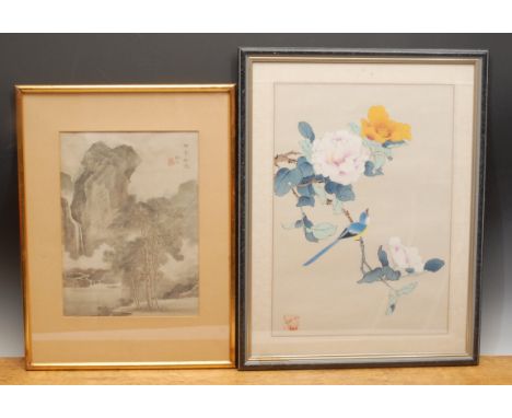 Chinese School A Bird on a Flowering Branchred seal mark, watercolour and gouache, 39cm x 27.5cm; another, monumental landsca
