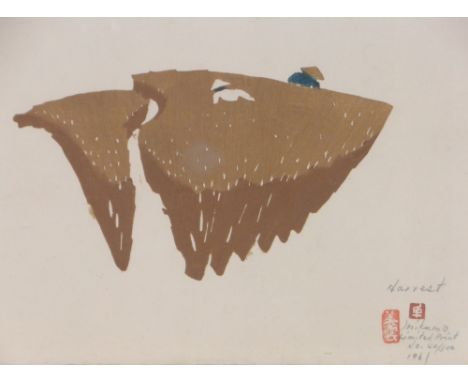 Mikumo Ishihara (Japanese),colour woodblock print, harvest 1961, signed in pencil, sheet size 9.5" x 13.5", framed.