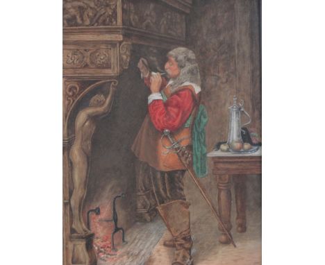 R Watson,watercolour, Cavalier lighting his pipe, signed and dated 1939, 14.5" x 10", framed.