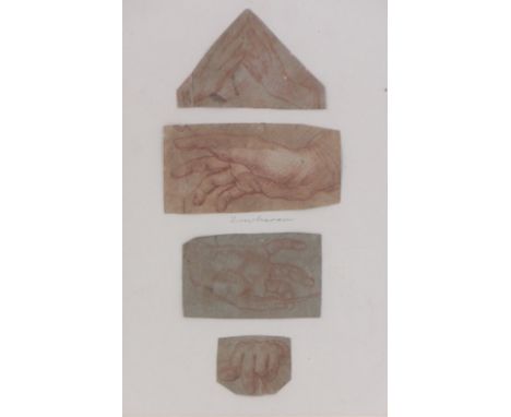 17th century Spanish School,4 Old Master red chalk studies of hands, mounted in common frame.