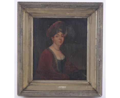 After Hoppner,oil on board, portrait of Margaret Countess of Sutherland, unsigned, 7.5" x 6.5", framed.