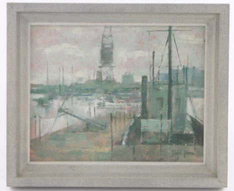 Jean Poole?oil on board, Docklands scene, indistinctly signed, 7.5" x 9.5", framed.