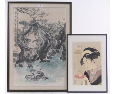 Chinese School,watercolour, rock pool with text inscription, sheet size 27" x 18", together with a Japanese woodblock print, 