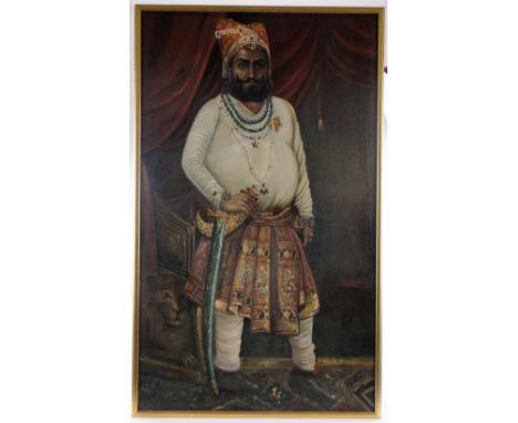 K S Karkharas,oil on canvas, portrait of a Maharaji, signed and dated 1904, 55" x 33", framed.