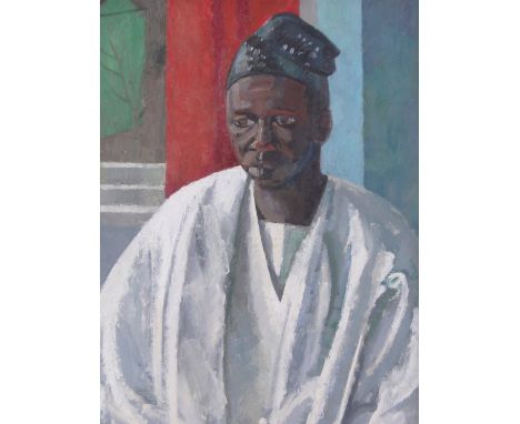 Oil on board, portrait of an African man, unsigned, 24" x 17.5", framed.