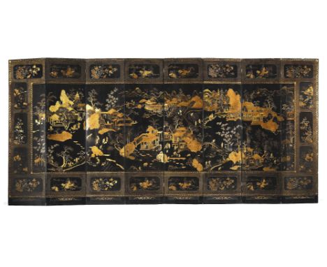 A large Chinese export eight-fold gilt lacquer screen, Qing dynasty, circa 1800, decorated with scenes of fishermen, pagodas 