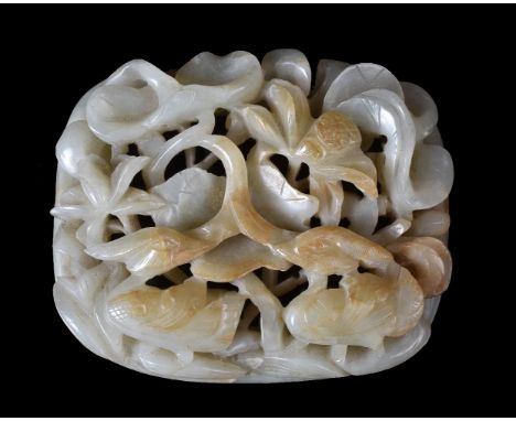 A Chinese celadon and russet jade openwork ‘mandarin duck’ plaque, Qing Dynasty or earlier, of round rectangular shape, deepl