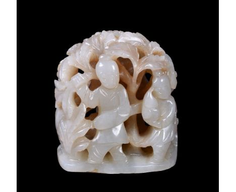 A Chinese and celadon jade openwork finial, Qing Dynasty, probably 19th century, with russet inclusions, carved with two figu