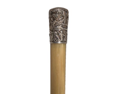 ϒA Chinese rhinoceros horn silver-mounted walking cane, 19th century, the long tapering stick entirely plain, with a silver-m