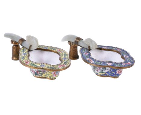 A pair of Chinese enamel jade and gilt-metal mounted cups, late Qing Dynasty, the celadon jade belt hooks forming the handles