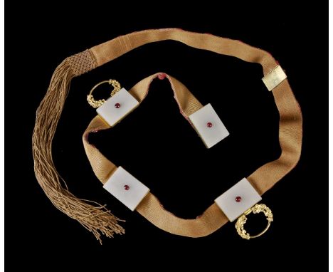 A rare Chinese embroidered court belt, Chao Dai, Qing Dynasty, decorated with four gilt bronze plaques inlaid with celadon ja