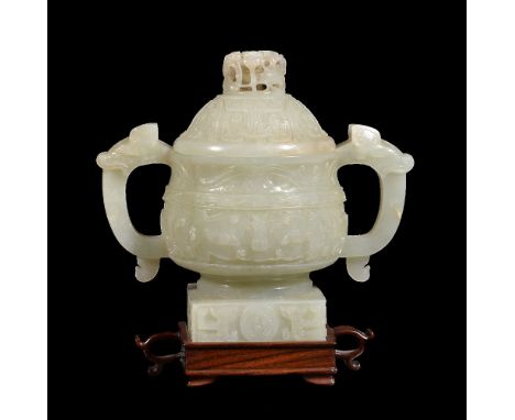 A Chinese celadon jade incense burner and cover, Qing Dynasty, 19th century or early 20th century, made in the shape of a bro