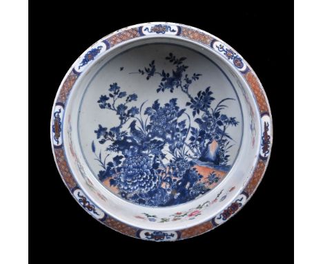 A large Chinese 'Famille Rose' and underglaze blue basin, early Qianlong, the interior painted in underglaze blue with pheasa