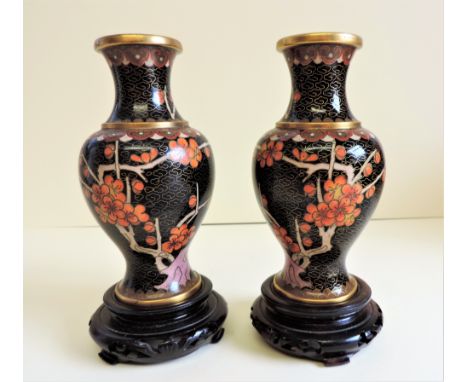 Pair of Vintage Chinese Cloisonne Vases Cherry Blossom Decoration.&nbsp;&nbsp; &nbsp; Lovely pair of Black Chinese Cloisonne 