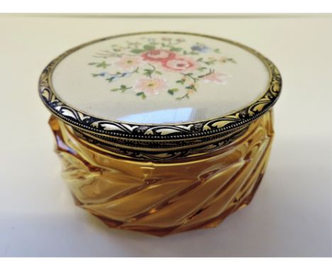 Vintage Amber Glass Petit Point Trinket Pot. Art Deco circa 1930's Amber Cut Glass Petit Point Powder/Trinket Pot. In excelle