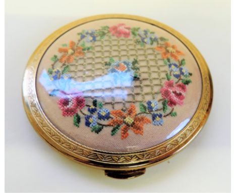 Vintage Kigu Petit Point Compact.  Petit point embroidery under a celluloid covering. Engine turned decoration to the base. S