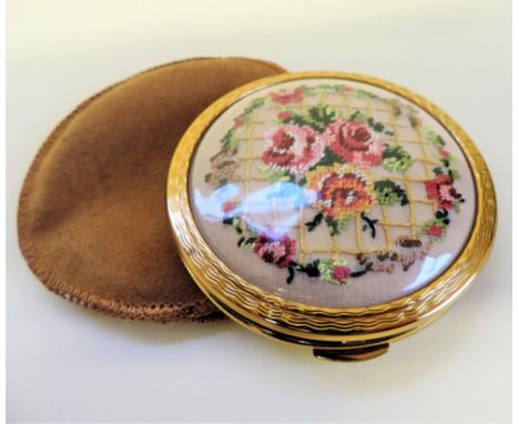 Vintage Kigu Petit Point Compact.  Petit point embroidery under a celluloid covering. Engine turned decoration to the base. S
