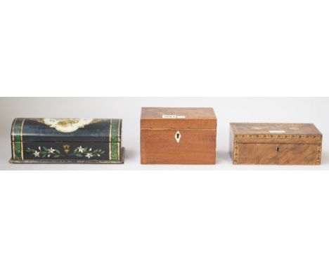 A 19th century inlaid mahogany rectangular tea caddy, 18cm wide, an inlaid coin box, 21cm wide and a Victorian floral painted