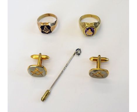 A small collection of Masonic jewellery, comprising; a gold signet ring, enamelled in blue, detailed 10K, another yellow meta