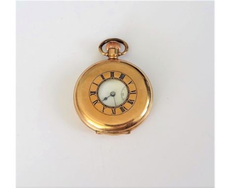A gilt metal cased, keyless wind, half hunting cased gentleman's pocket watch, the gilt three quarter plate lever movement de