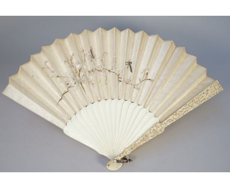 An embroidered fan, circa. 1900, decorated with birds and flowers and Cantonese plain ivory sticks and carved stick guards, 3