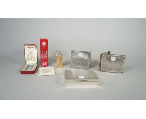 Silver and silver mounted wares, comprising; two rectangular cigarette cases, Birmingham 1930 and 1936 and a rectangular ciga