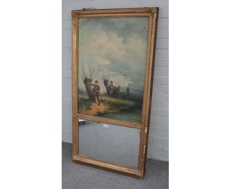 A late 19th century French trumeau wall mirror with oil on canvas of a hunting scene over mirrored plate, 76cm wide x 148cm h