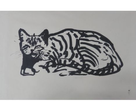 G *, 20th Century, Study of a cat, ink, signed with monogram, 39 x 58cm, together with a watercolour of a pierrot and a penci
