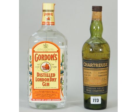 One bottle of Chartreuse green liquer and a 1.75L bottle of Gordons distilled London dry gin, (2). 