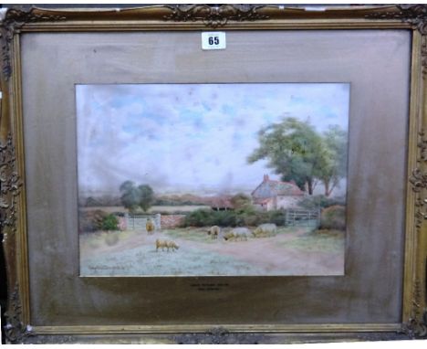 A group of six, including watercolours: George Oyston, Near Totnes; C. White, figures by a cottage, and a scene of figures on