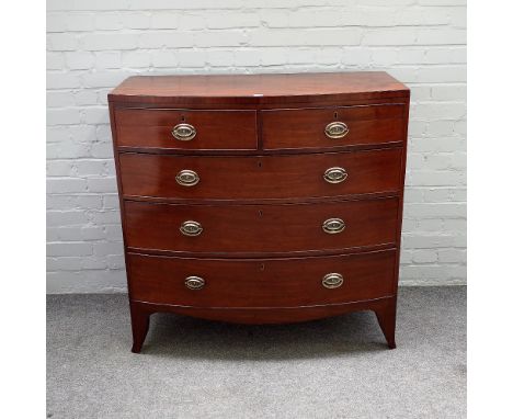 A mid-19th century mahogany bowfront chest of two short and three long graduated drawers on splayed bracket feet, 105cm wide 