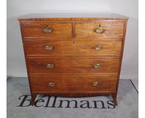 A George III mahogany chest with two short and three long graduated drawers, on splayed bracket feet, 109cm wide x 109cm high