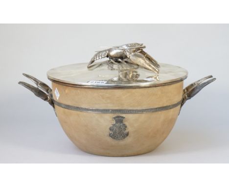 A silver plated metal mounted wooden salad bowl and cover, the handles to the bowl formed as pairs of lobsters claws, the det