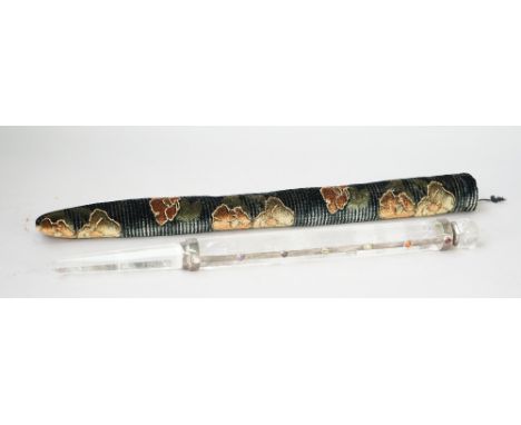 A silver coloured metal and cabochon gemstone mounted faceted rock crystal wand, having a spherical terminal, the mount set w