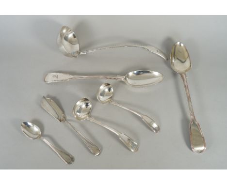 A silver double struck fiddle and thread pattern basting spoon, London 1834, a silver feather edged Old English pattern butte