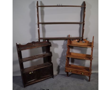 18th century style furniture, comprising; an oak hanging shelf with cupboard base, 62cm wide x 86cm high, an oak three tier h