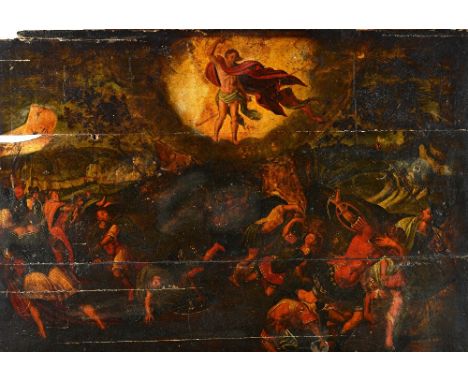 Continental School (18th century), A saint appearing over a battlefield, oil on panel, unframed, 74.5cm x 107cm.