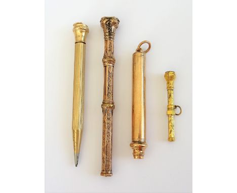 A gold cased propelling pencil, presentation inscribed, detailed 9 CT, a Victorian slide action dip pen/cum pencil, of hexago