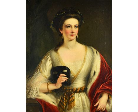 Continental School (19th century), Portrait of a lady, holding a mask, oil on canvas, 90cm x 70cm.