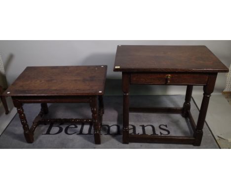 An 18th century oak single drawer side table 80cm wide x 77cm high and an 18th century oak low side table on bobbin turned su