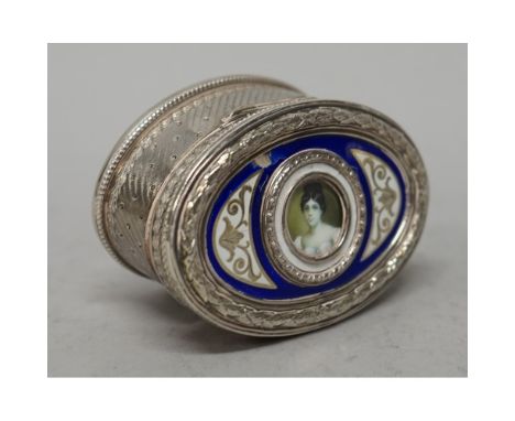 A European oval enamelled box, the cover glazed to the centre with the portrait miniature of a lady with black hair, otherwis