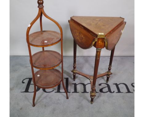 A Victorian mahogany linlaid drop-leaf tripod table, on reeded brass inlaid tapering supports, 45cm wide x 72cm high and an E