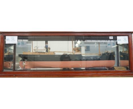 A scale model boat 'S.S. Tynan' circa. 1920, titled plaque in a glazed mahogany case, trade label to rear 'HUGH MACMILLAN' mo
