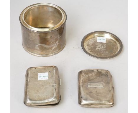 Silver, comprising; a cylindrical container, having a detachable lid, possibly for use as a tea caddy, Birmingham 1928 and tw