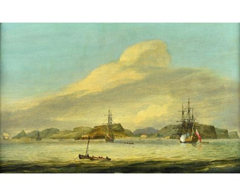 Attributed to Thomas Luny (1759-1837), A British frigate firing a salute to announce hher entering the anchorage to Jamestown