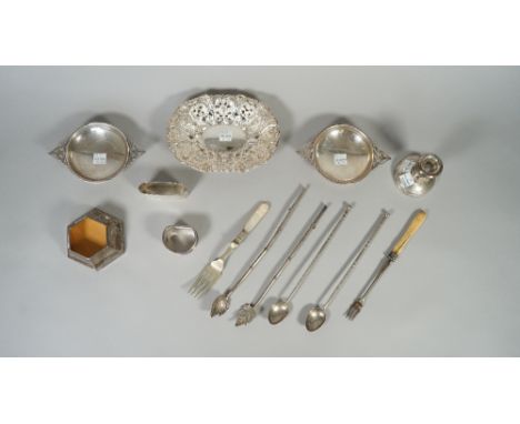 Silver and silver mounted wares, comprising; a Victorian shaped oval bonbon dish, with embossed and pierced decoration, Birmi
