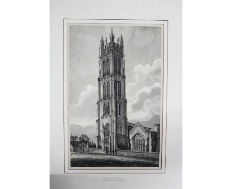 A folio of assorted watercolours and drawings including a monochrome watercolour of St Mary Magdalene, Taunton, Somerset attr